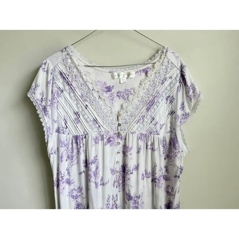 Eileen West Wisteria Cap Sleeve V-Neck Nightgown White Purple Women's Large